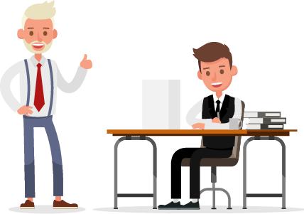 smiling boss with smiling employee at desk