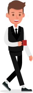 smiling employee walking and holding coffee